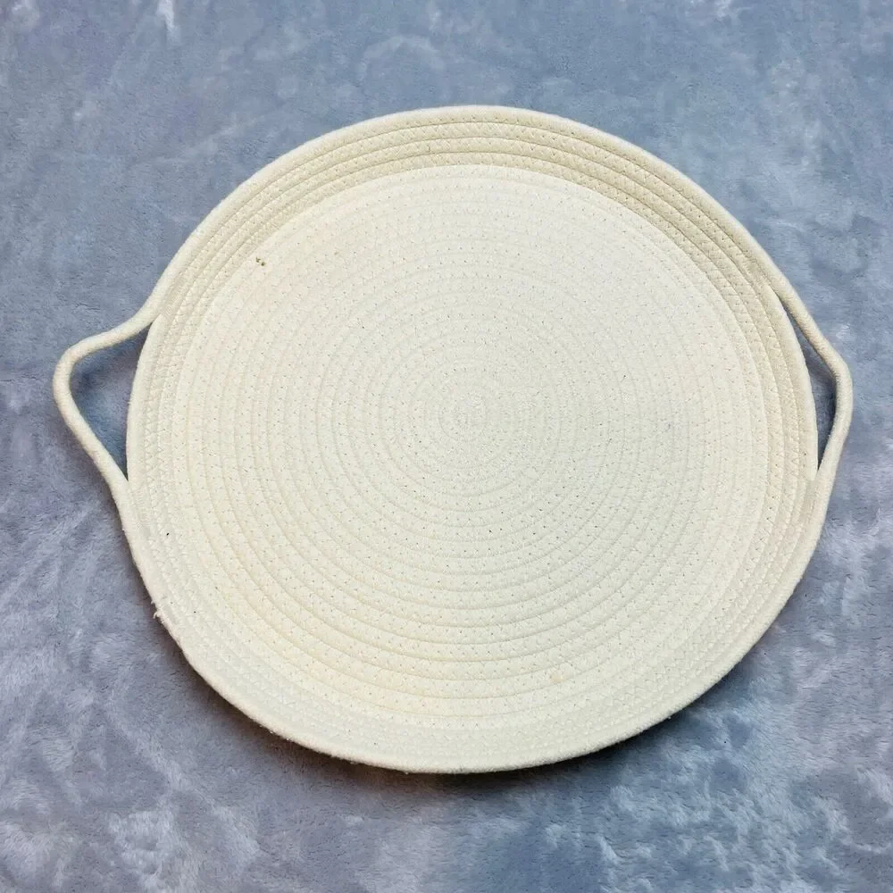 Round Braided Hand Woven Fabric Basket Handled White Flat Boho Natural‎ Decor